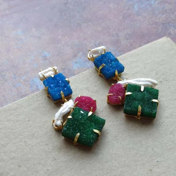 Multi Color Druzy , White Pearl Dangle  Pink, Blue, Green Druzy Handmade  Gemstone Earrings