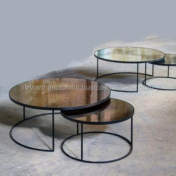 Modern Design Round Shape Metal Table, Nested Table with antique Mirror Top.