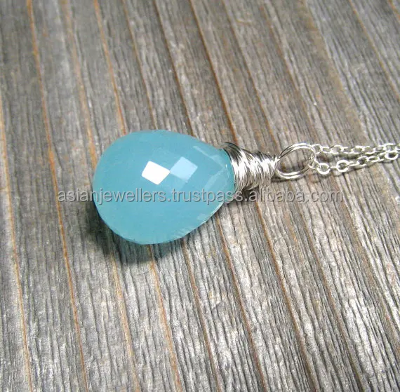 925 Sterling Silver Aqua Chalcedony Gemstone Pendant.