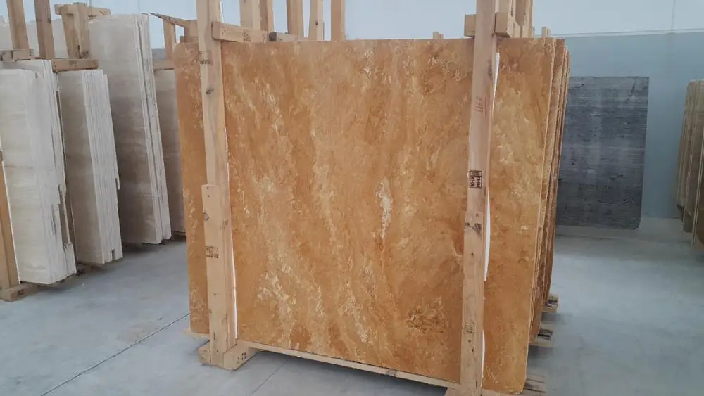 2023 Yellow Gold Travertine Filled & Honed Cross Cut Slab CEM-SLB-05-02 Natural Stone %100 Tiles Made in Turkey