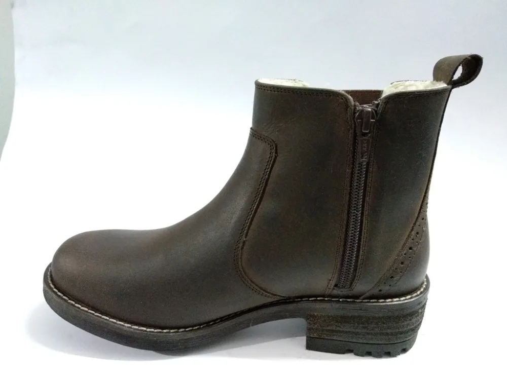 LADIES BIKER CHELSEA BROWN LEATHER BOOTS -COW OIL-PULL-UP LEATHER -FUR INSIDE ON TPR SOLE