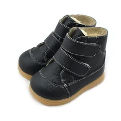 Black genuine leather Fur Lined Warm Outdoor Ankle Boots Shoes for Girls Boys