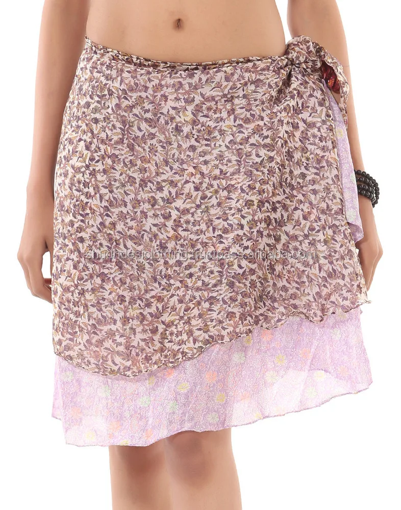 Indian vintage silk sari short wrap skirt women sari beach wrap skirt