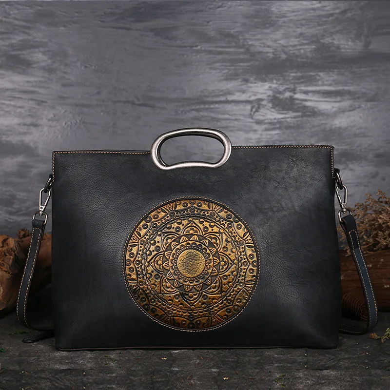 Retro Cow Leather Ladies Hand Bags Chinese Style Tote Handmade Bags Genuine Leather Handbags For Women