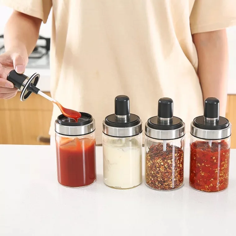 Thick Glass Oil Vinegar Seasoning Bottle Glass Food Storage Spices Jar Container with PP Lid