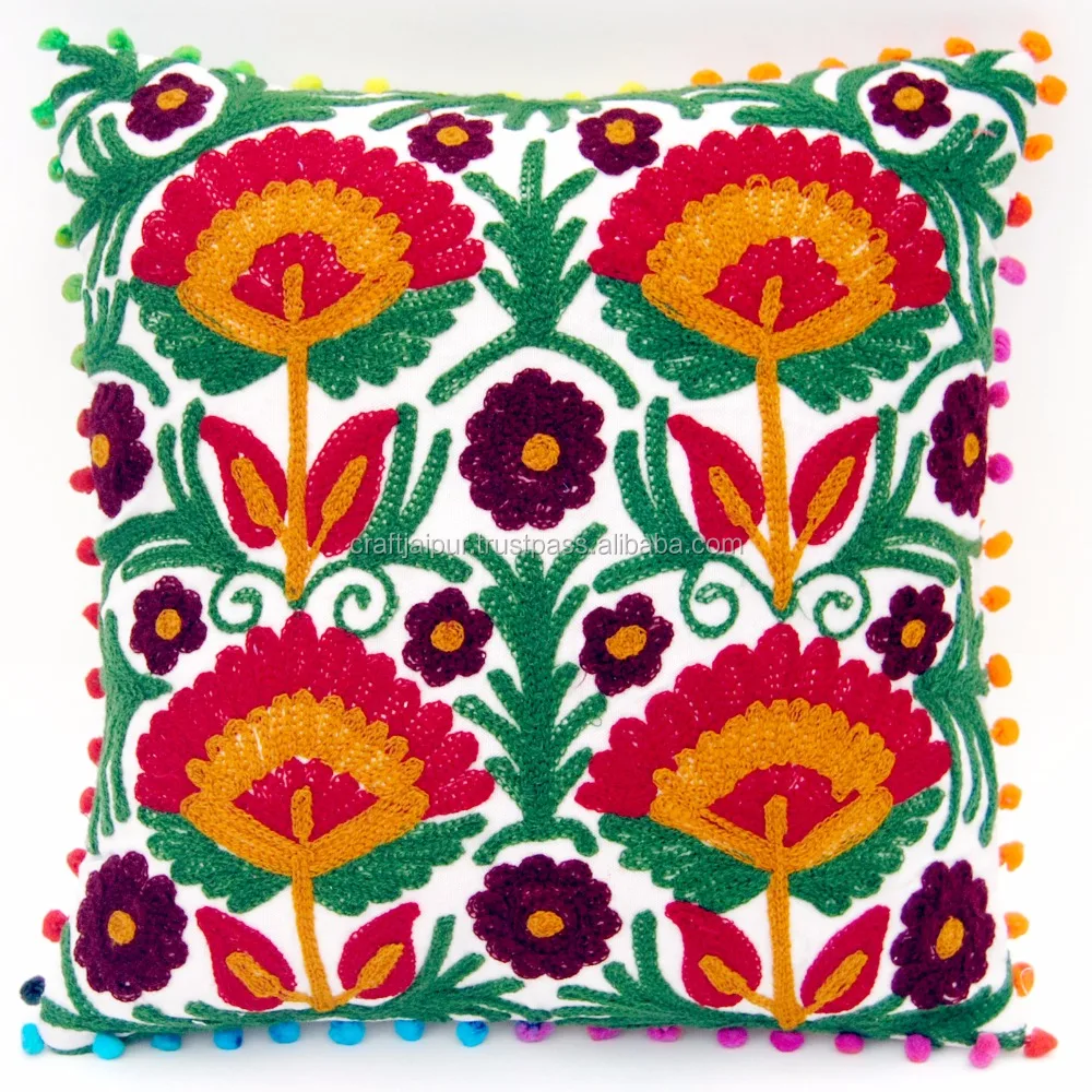 Tropical Suzani Woolen Embroidery Handmade Bedding Square Pillow Cases White Cotton Sofa Decorative Cushion Cover Wholesale