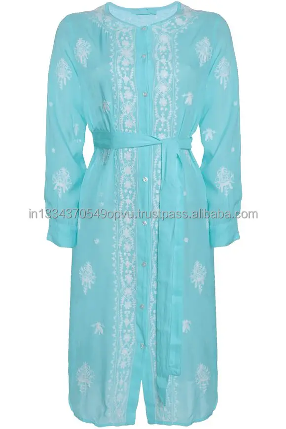 World of Swimwear High Fashion Edge Intricate White Floral Embroidered Flattering Waist Belt Women Cover Up Kimono Dress Robe