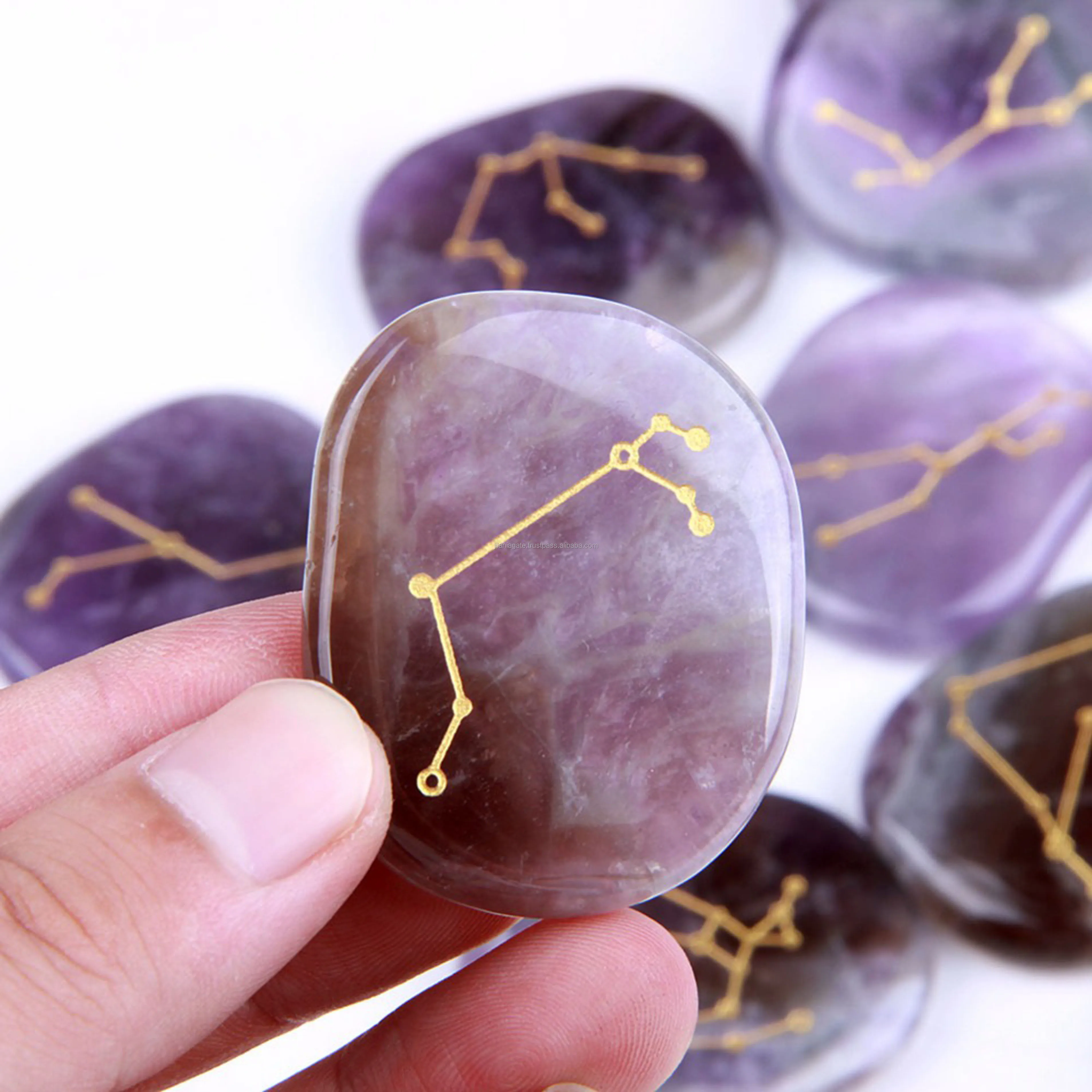 Natural Amethyst Palm Stones 12pcs Zodiac Symbols