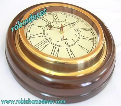 Antique Look Silent Wall Clock, 16 Inch Brass And Wooden