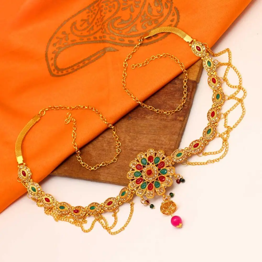 Glamorous Indian Jewellery Maroon & Green Color Glass Stone Kamarband Waist Chain