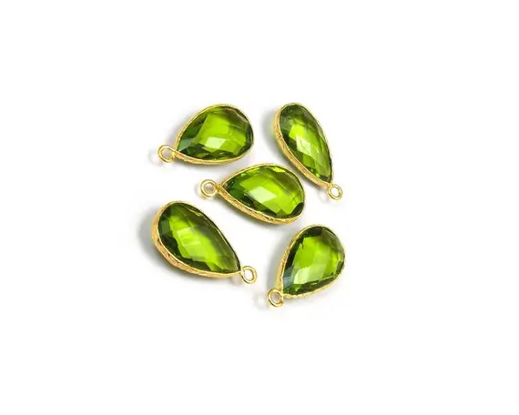 Gold Plated Peridot Quartz Gemstone Bezel Pendant Connectors 10x16mm Pear Shape Charm For Jewelry Making Components