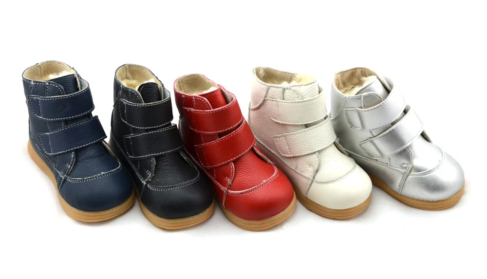 Black genuine leather Fur Lined Warm Outdoor Ankle Boots Shoes for Girls Boys