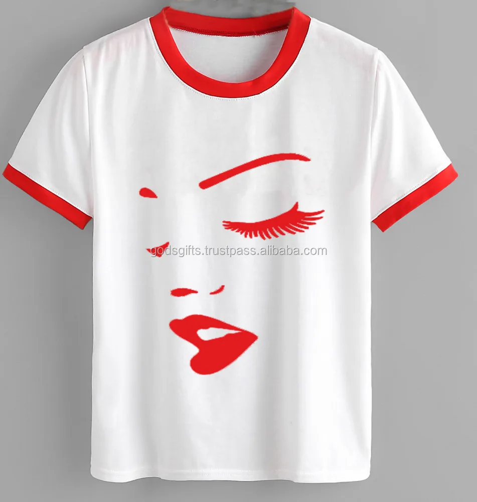 tirupur wholesale fashion womens pink T Shirt OEM Boat Neck Tshirt Printed silkscreen printed womens Round Neck Ringer Tshirt