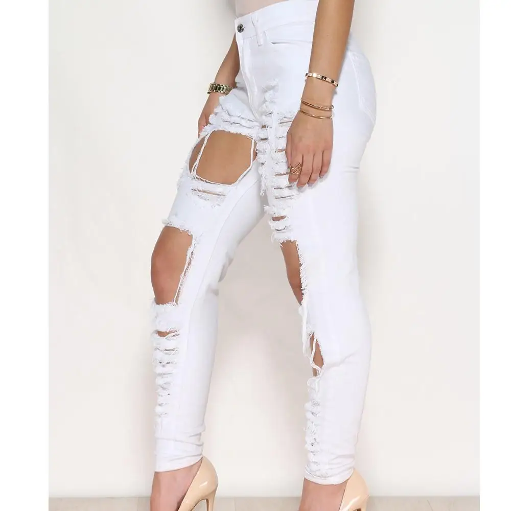 2017 Fashion Ripped white Lady jeans denim High Waisted Ripped Skinny Pencil Jeans