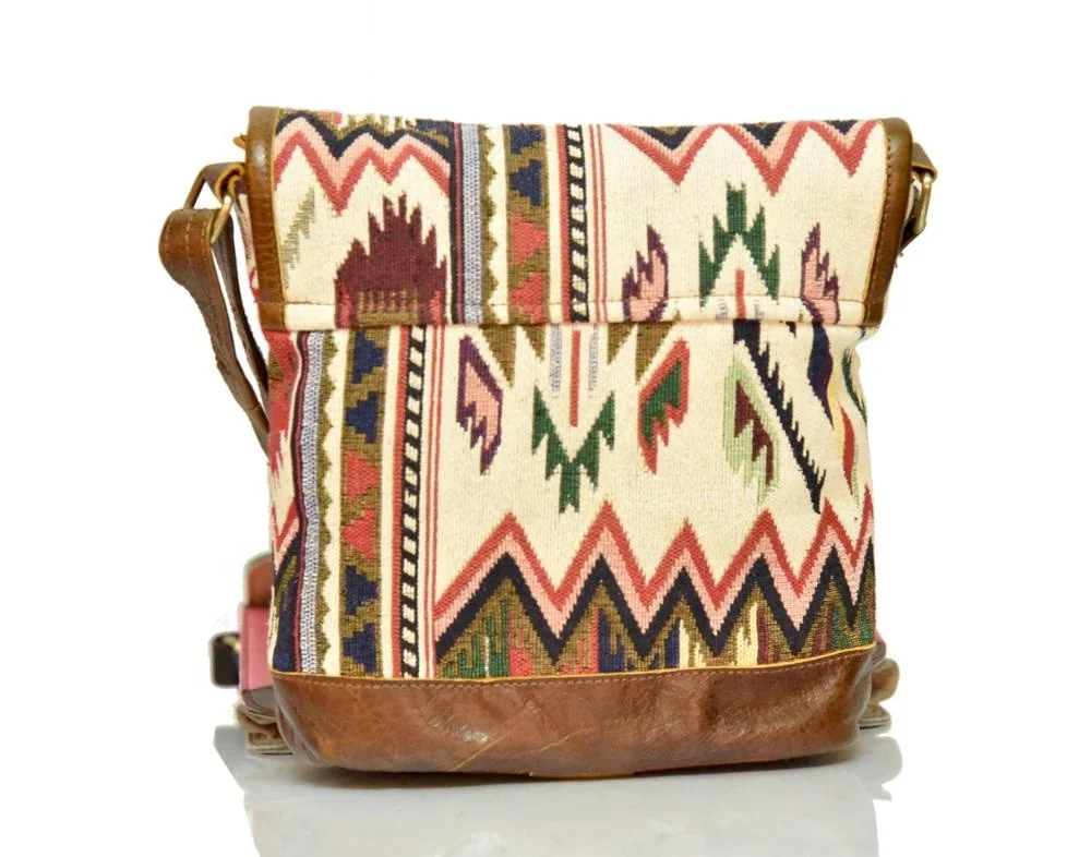 Vintage Leather Shopper Bags For Girls Real Goat Leather Turkish Kilim Bag