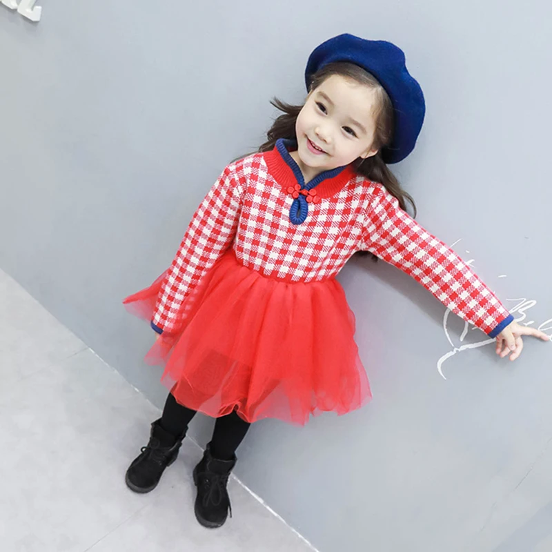 OEM new fashion style knitting lovely kids skirt plaid mandarin collar Chinese knot girl princess dress