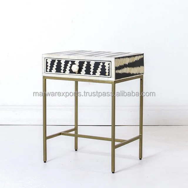 Luxury Bone Inlay Bed Side Table with iron stand Bone inlay Modern console table Trendy Coffee Table with Floral Style