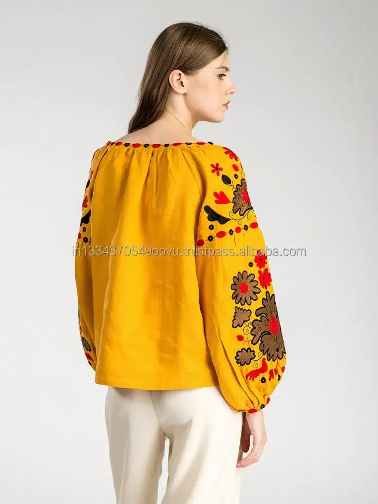 Superb Vintage Ukrainian Linen Tassel Tie Neck Women Blouse Bright Golden Yellow Ethnic Motives Colorful Embroidered Shirt Top