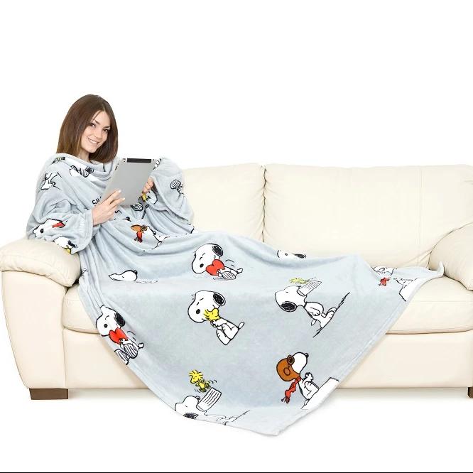 KANGURU HIGH QUALITY  DELUXE SNOOPY FLANNEL FLEECE PLUSH 100% SOFT POLYESTER BLANKET WITH SLEEVES AND POCKET GRAY FOR RETAIL