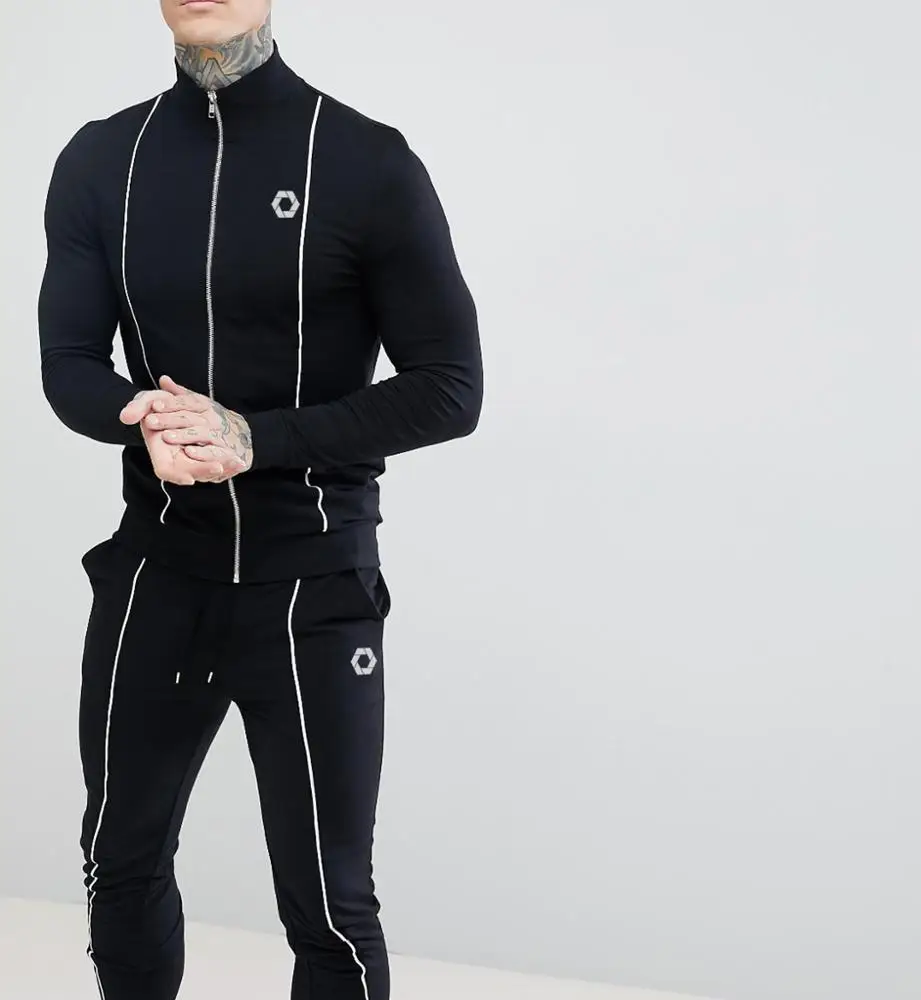 
Tracksuit Muscle Track Jacket/Super Skinny Joggers With Piping in Black 