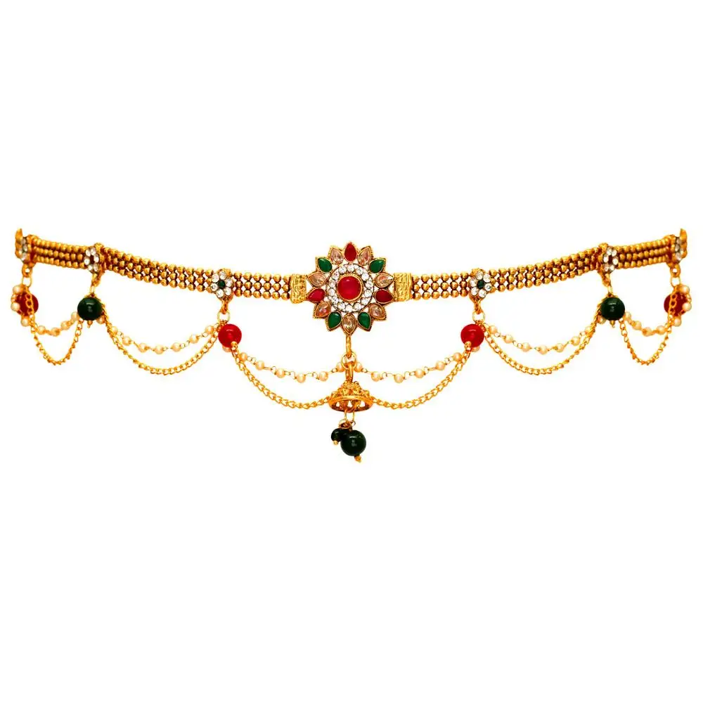 Glamorous Indian Jewellery Maroon & Green Color Glass Stone Kamarband Waist Chain