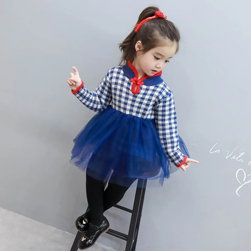 OEM new fashion style knitting lovely kids skirt plaid mandarin collar Chinese knot girl princess dress