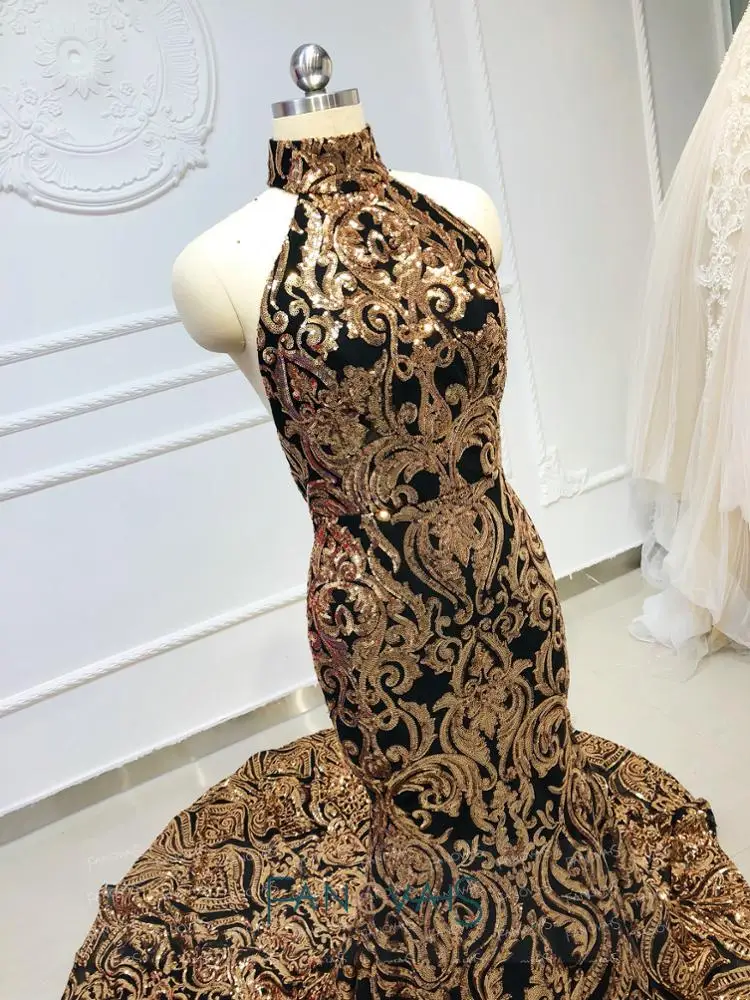 Ruolai OEV-L4162 Luxury Black and gold Sequin Halter Bling Bling Special Occasions Prom Dresses