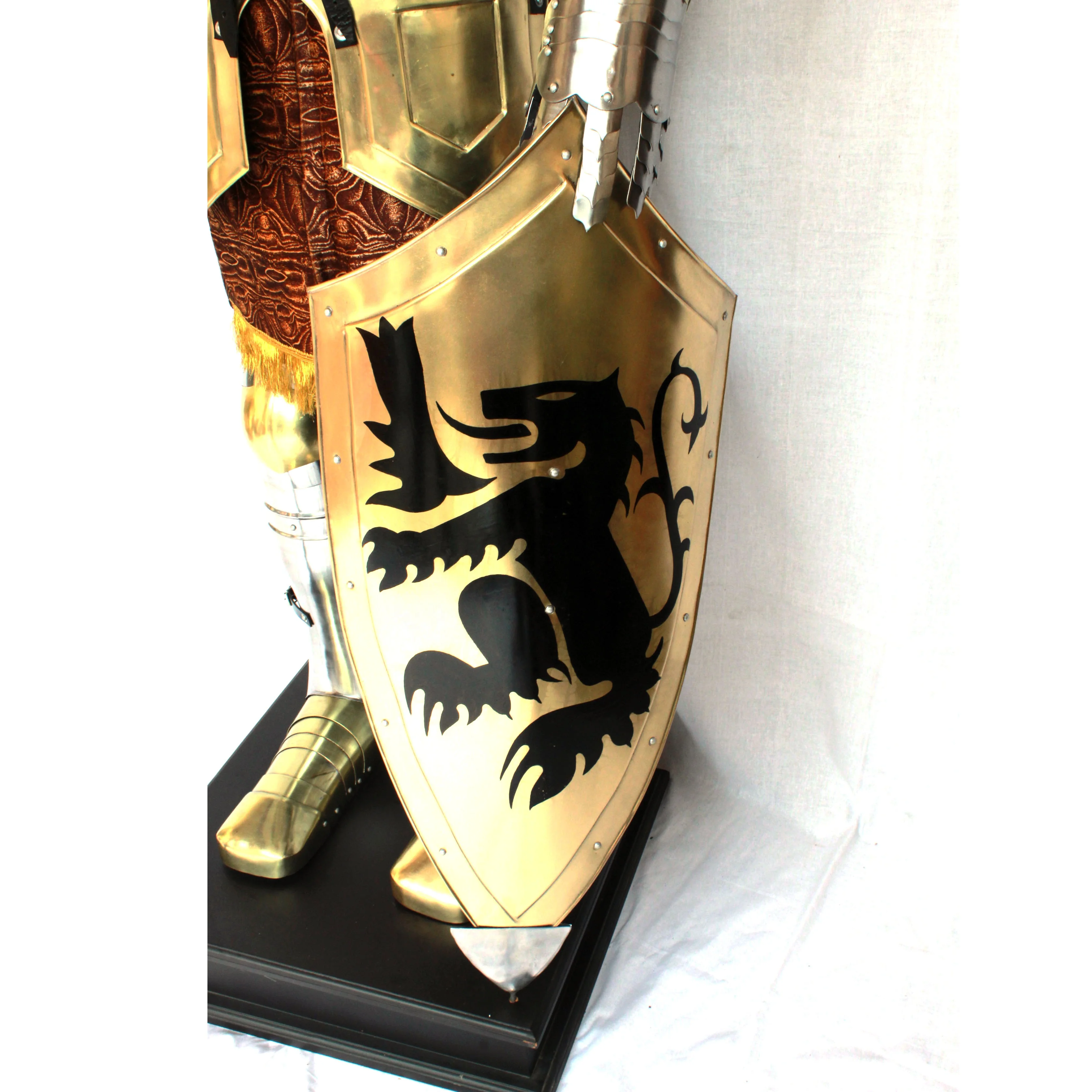 Metal Steel Brass Medieval Old age Ancient Armour Suit with Sword and Shield with Wooden Base and Steel Frame