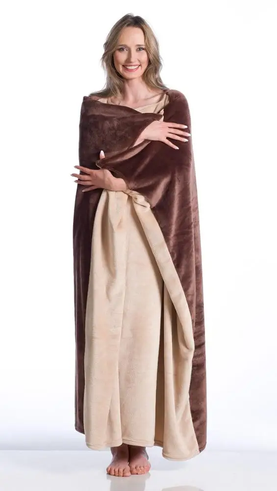 High Quality 100% Polyester Cozy Fleece Blanket with Sleeves Knitted Technics Brown Packed in Gift Box for Wholesale