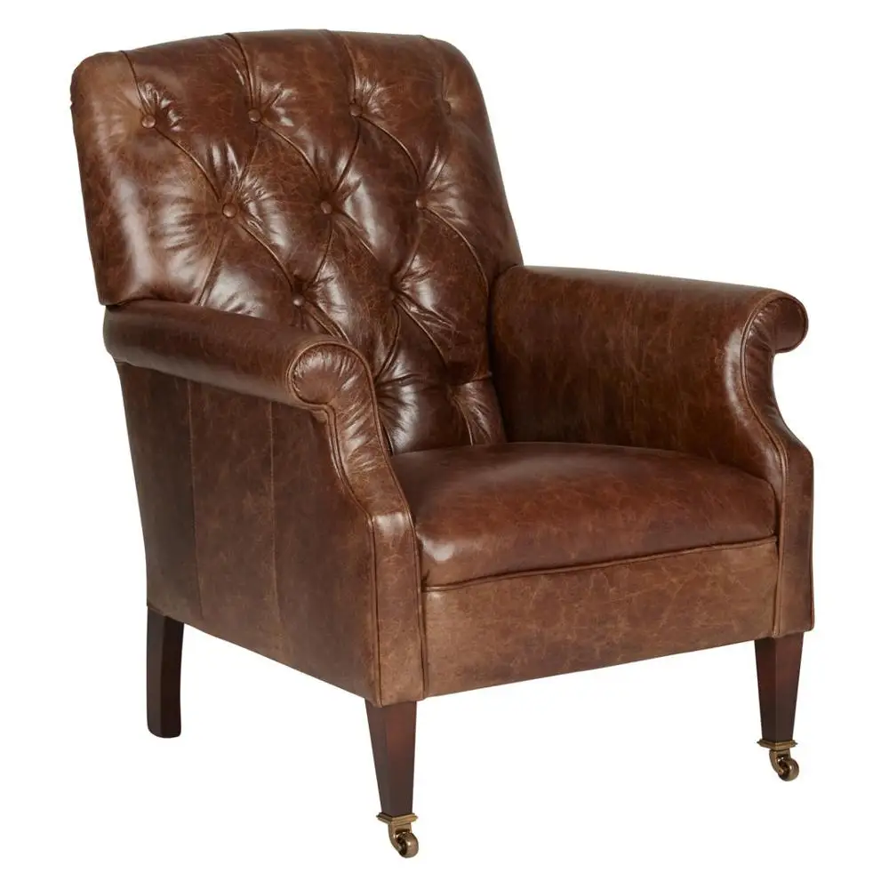 Tweed Flynn Leather Armchair/Leather chair brass wheels