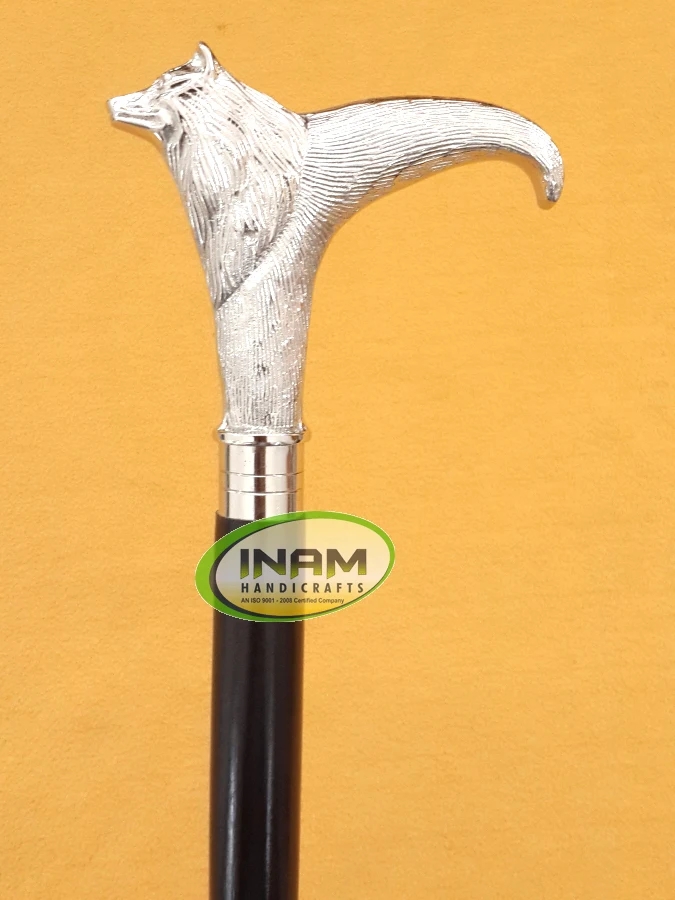 Handmade Wooden foldable walking stick with brass wolf handle / Wooden foldable walking cane with designer wolf Handle