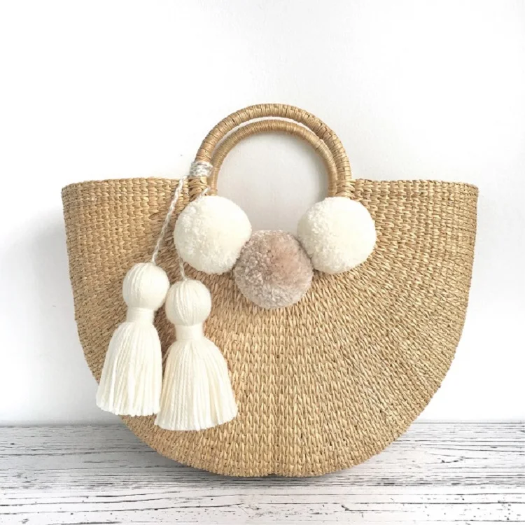 Bali straw bag with pompom hand woven bolsos de paja by string handbags for beach seagrass water hyacinth bags handmade product