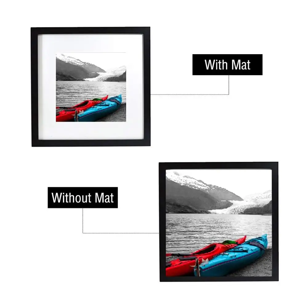 12x12 Square Wood Picture Frame, Matted to Fit Pictures 8x8 or 12x12 Without Mat (Black)