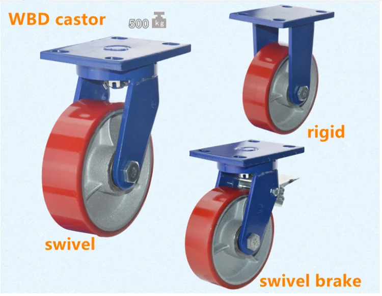 WBD 400kg - 700kg load capacity fixed swivel cast iron PU castor heavy moving machine caster wheels