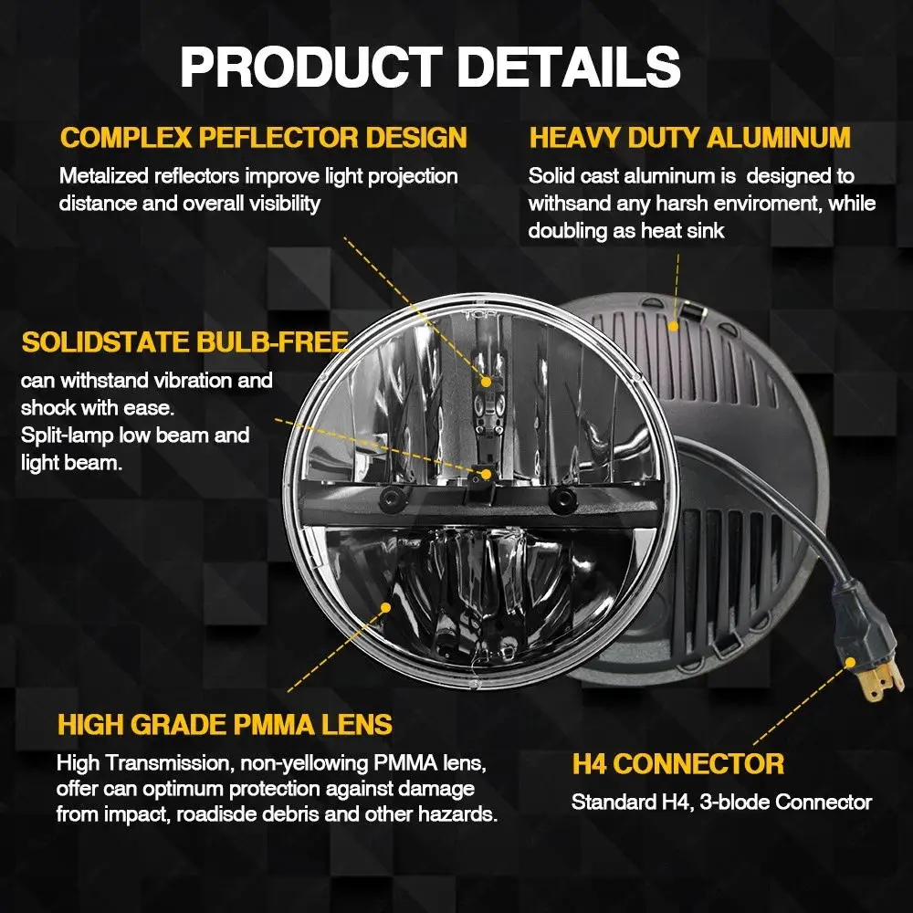 2 Years Warranty Durable Pmma Lens Auto Fog Lights Driving Beam  7 Inch Round Led Headlight