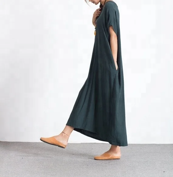 Женское свободное платье-макси из хлопка и льна