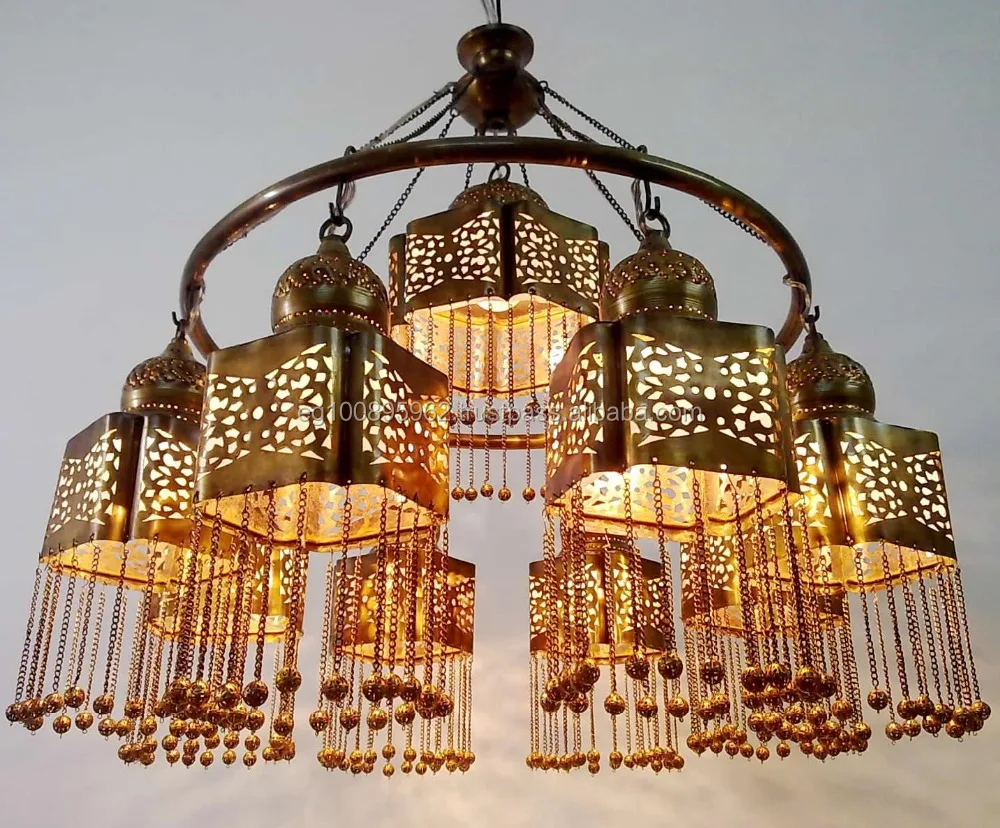 BR380 Gorgeous Brass Ring 9 Down Light Moroccan Beaded Chandelier