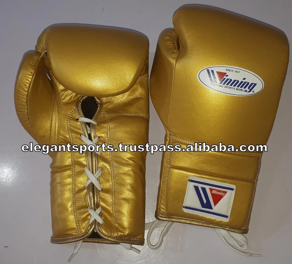 Металлические золотые кожаные боксерские перчатки со шнуровкой