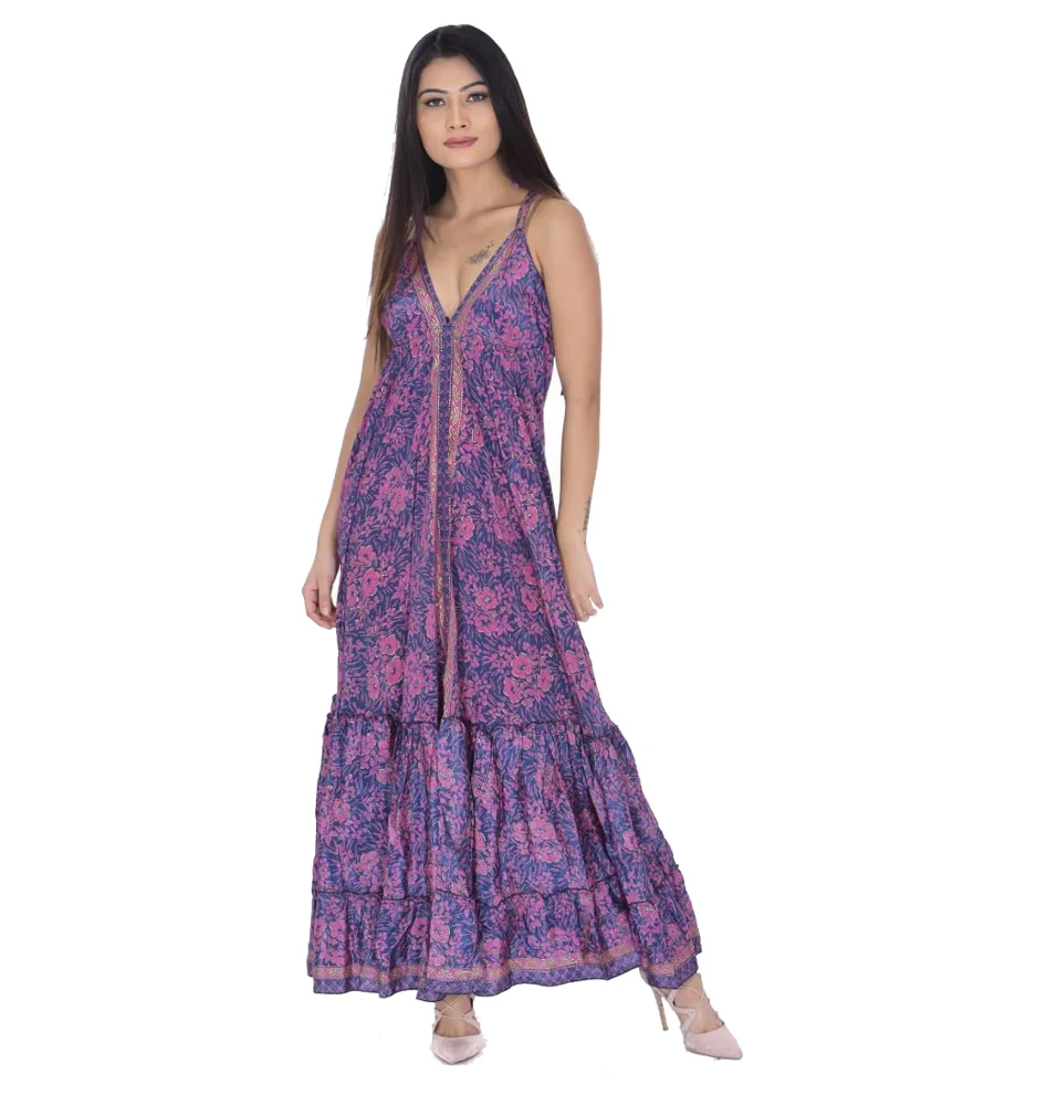 Фирменное модное женское шелковое платье макси на бретельках