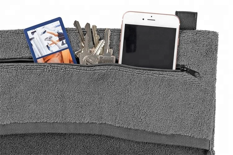 Magnet gym towel 100% cotton zipper pocket custom made fitness sports towel