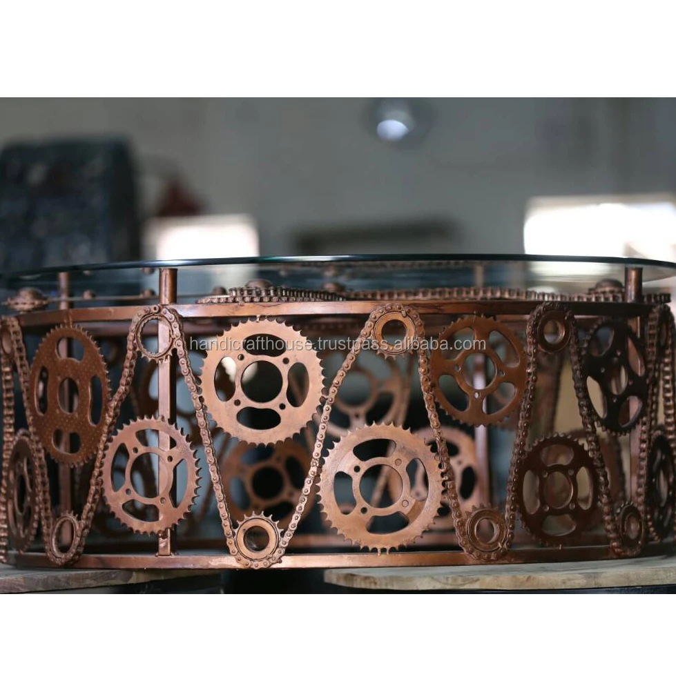 Industrial Mechanical wheels copper finish and glass top round low living room coffee table