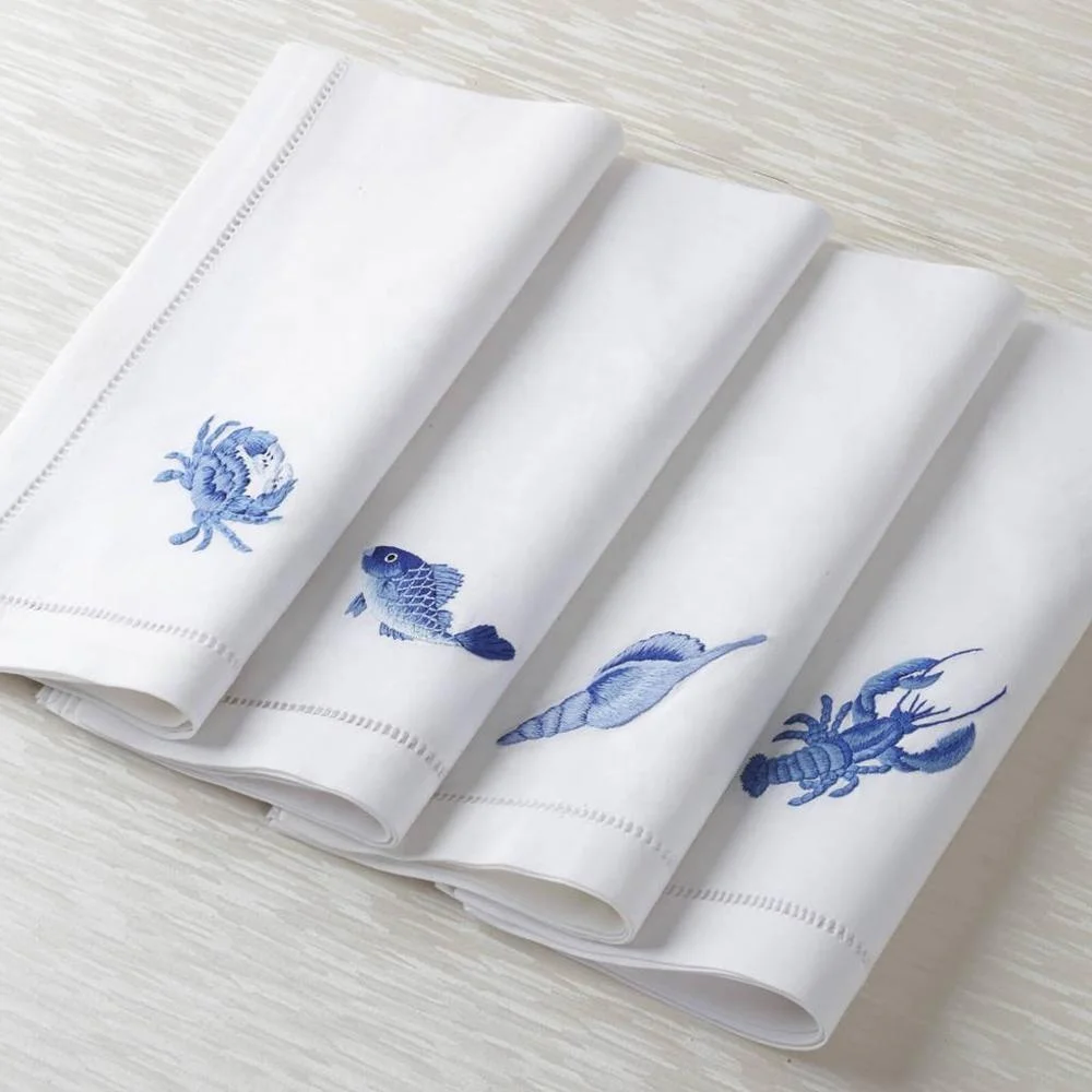 Wholesale Customized Lobster and crab hand embroidery Napkin Cotton Dinner Table Napkin