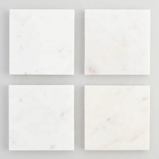 Square White Marble Coaster Set of 4 Gold Metal Stripped Design Sleek Style for Weddings Bulk Packed Slate Material