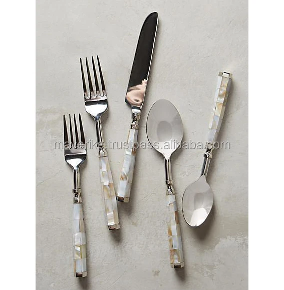 Glossy Gold Stainless Steel Flatware Sets with mother Of pearl handle Household Kitchenware Metal cutlery set of 5 Piece
