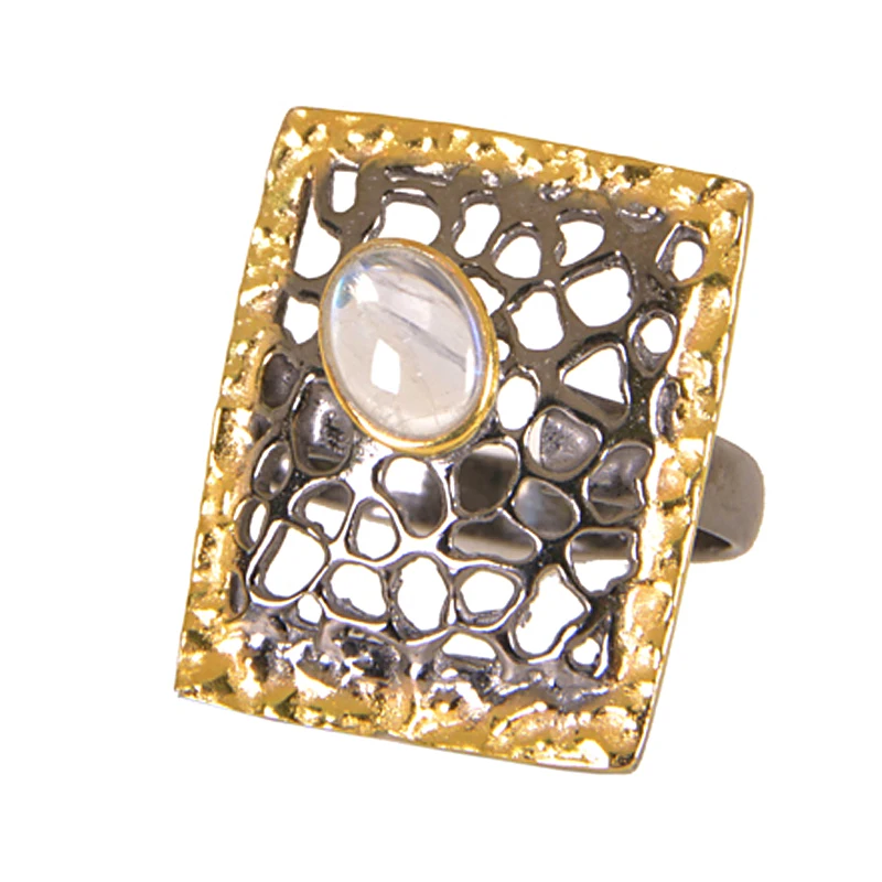 Rainbow Moonstone Gemstone Ring 925 Sterling Silver Gold Plated Filigree Jewelry