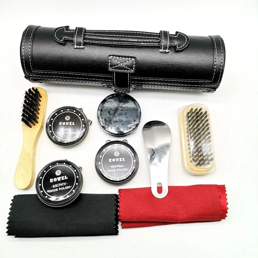 Promotional Custom Made High Quality Man Gift Hotel Home Outdoor Traveling Portable PU Leather Case Shoe Shine Kit