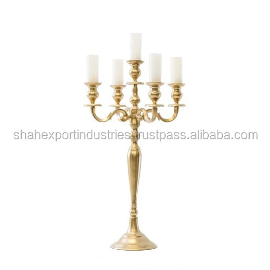 Fancy Decorative Aluminum Five arms Long Wedding Candelabra Centerpiece Gold Plated For Home & Christmas Decoration