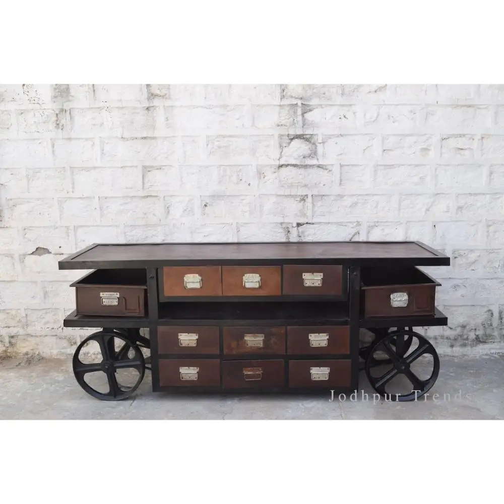High Quality Vintage Dining Room Furniture Industrial Kitchen Trolley With Multi Drawers