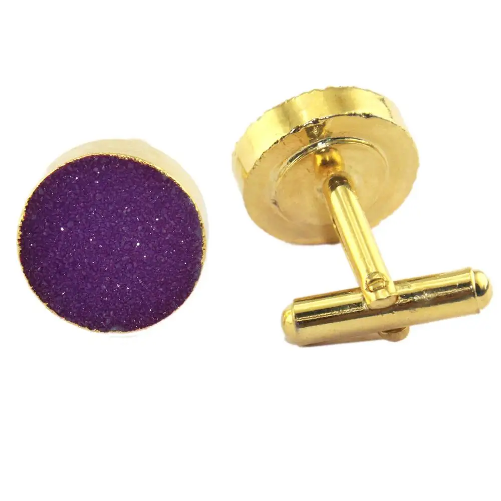 Western fashion round natural purple sugar druzy gold plated cufflinks handcrafted gemstone cufflinks fashionable gents cufflink
