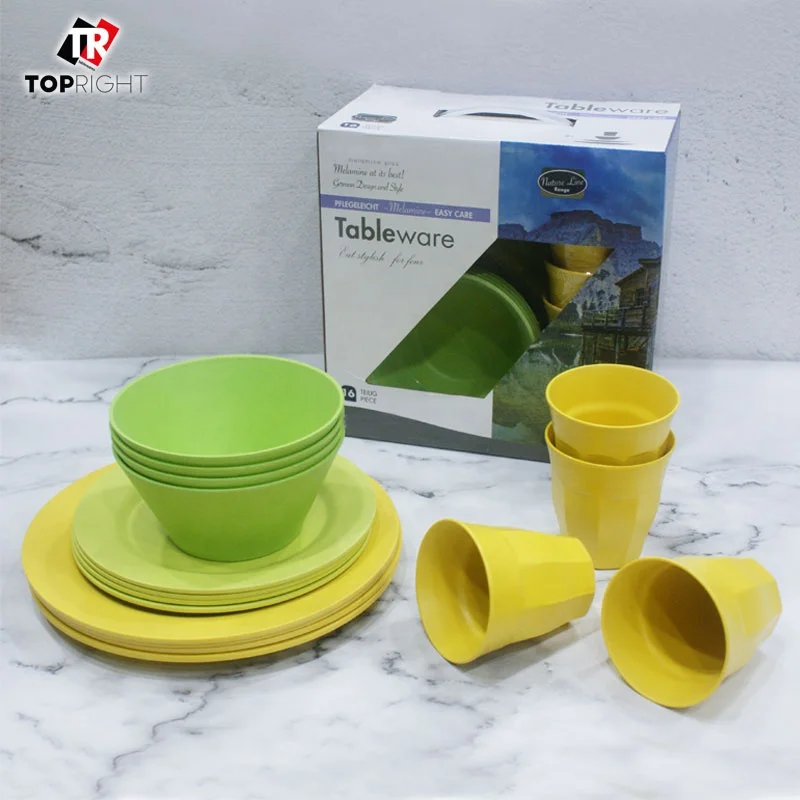 Low MOQ 16 piece Melamine Dinnerware Camping Tableware Set